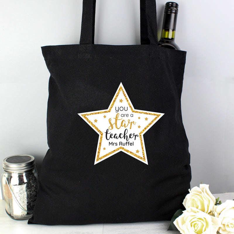 Personalised Star Teacher Black Cotton Bag Textiles Everything Personal
