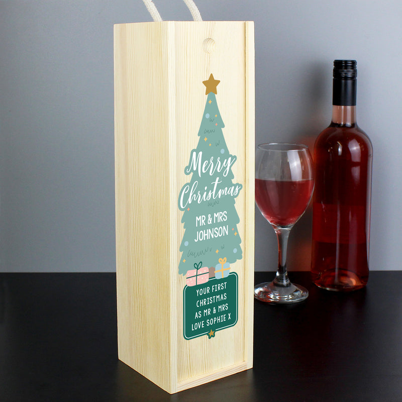 Personalised Merry Christmas Wooden Bottle Box Glasses & Barware Everything Personal