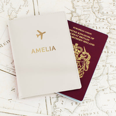 Personalised Gold Name Cream Passport Holder Leather & Leatherette Everything Personal