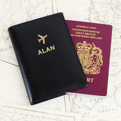 Personalised Gold Name Black Passport Holder Leather & Leatherette Everything Personal