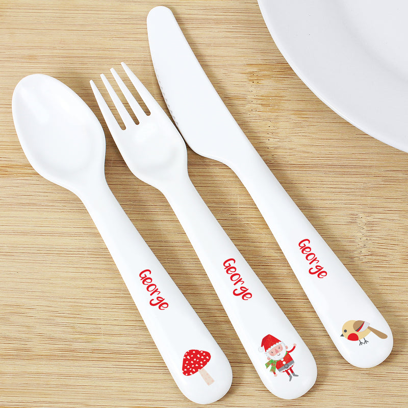 Personalised Christmas Toadstool Santa 3 Piece Plastic Cutlery Set Mealtime Essentials Everything Personal