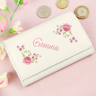 Personalised Floral Cream Leather Purse Leather & Leatherette Everything Personal